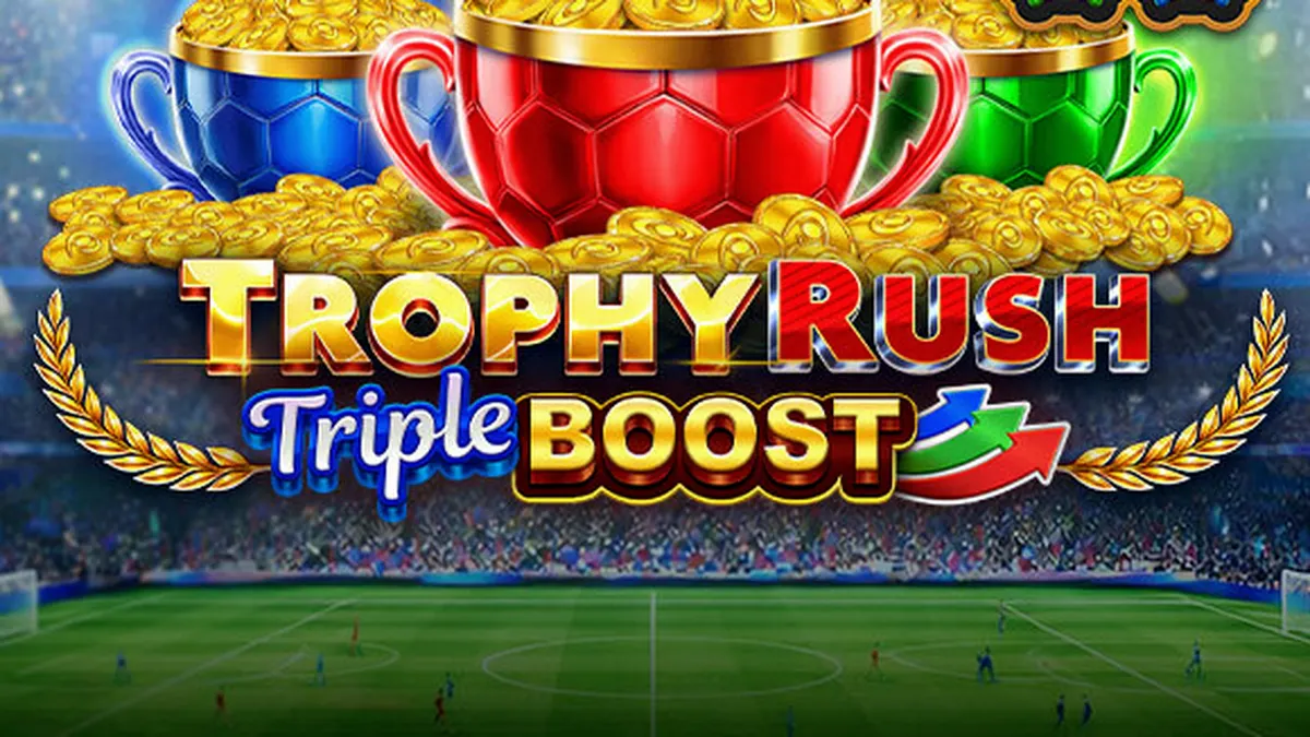 Tampilan layar permainan slot Trophy Rush Triple Boost dengan gulungan yang berputar dan simbol koin emas serta trofi.